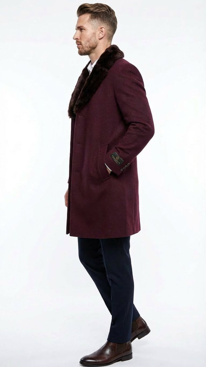 Mens Burgundy Three Quarter Coat with Faux Fur Collar Overcoat Luxury Winter Outerwear Three Quarter Carcoat Topcoat