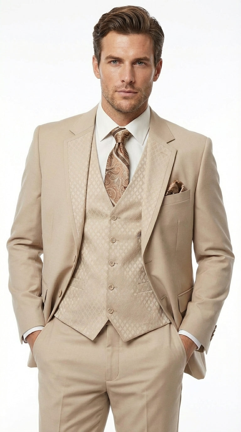 Men’s Tan Beige 3 Piece Tuxedo Suit – Beige Formal Suit Set with Vest, Patterned Lapel and Tie for Wedding, Prom in Tan Khaki Color - 34 Short or Extra Small