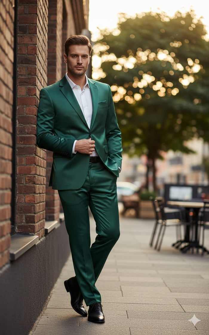 Mens Shiny emerald Green Sateen 2-Piece Slim Fit Suit Formal Blazer and Pants Set Prom Wedding