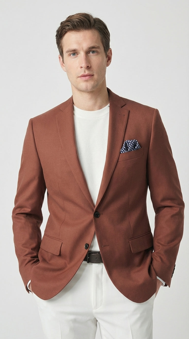 Mens Rustic Brown Light Burnt Orange Copper Blazer – Classic Fit Single Breasted Formal Casual Dress Jacket - 36 Short