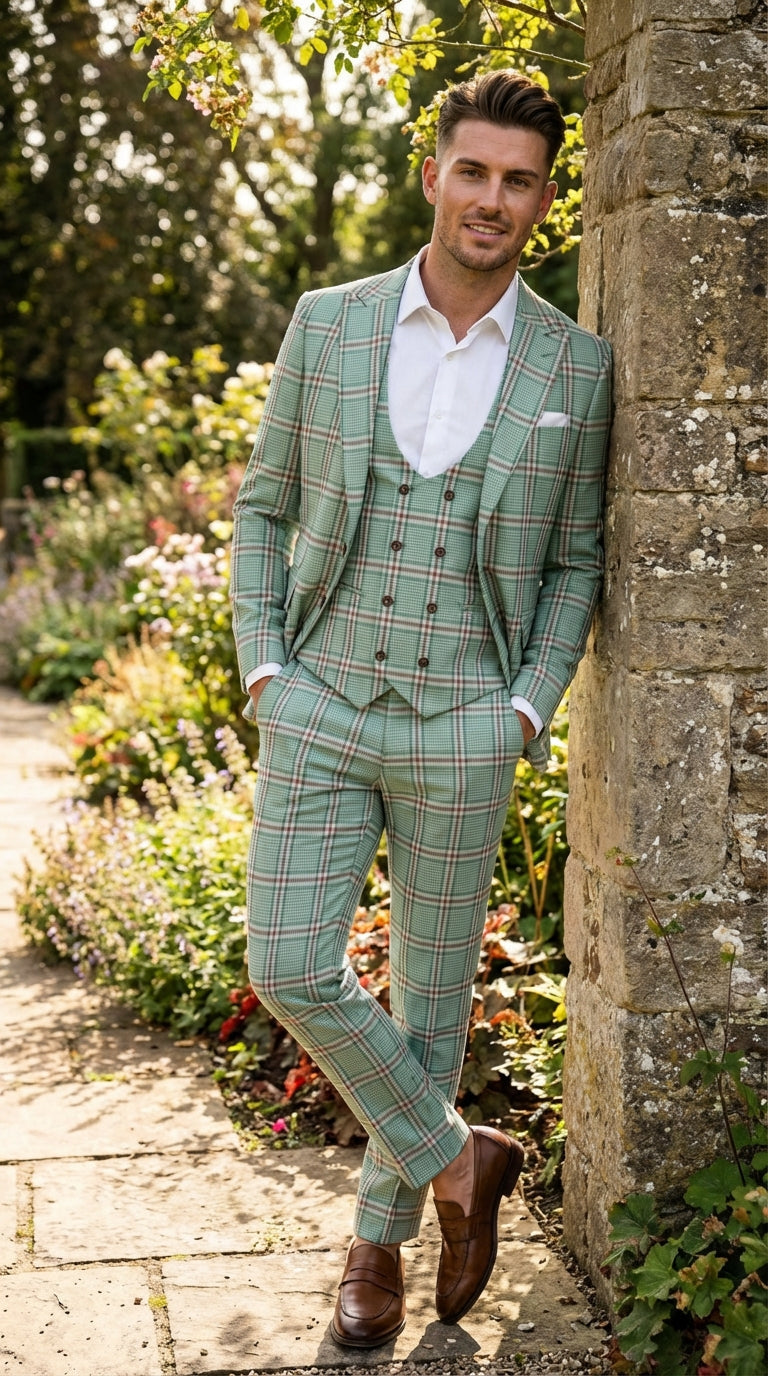 Mint Green Plaid Three Piece Suit for Men | Classic Checkered Formal Suit with Jacket Vest and Pants By Rossiman - 34 Short or Extra Small