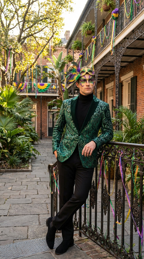 Mens Emerald Green Mardi Gras Blazer with Black Satin Lapel Paisley Swirl Pattern Formal Party Jacket