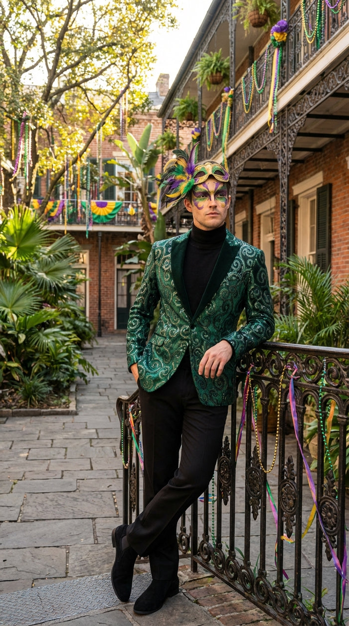 Mens Emerald Green Mardi Gras Blazer with Black Satin Lapel Paisley Swirl Pattern Formal Party Jacket