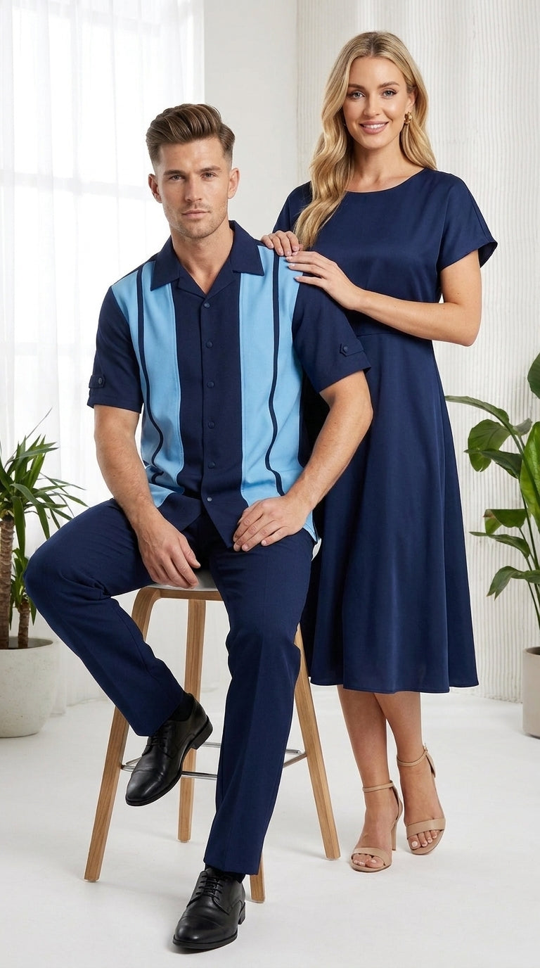 Men’s Navy and Sky Blue Walking Suit – 2-Piece Short Sleeve Casual Leisure Outfit - Small