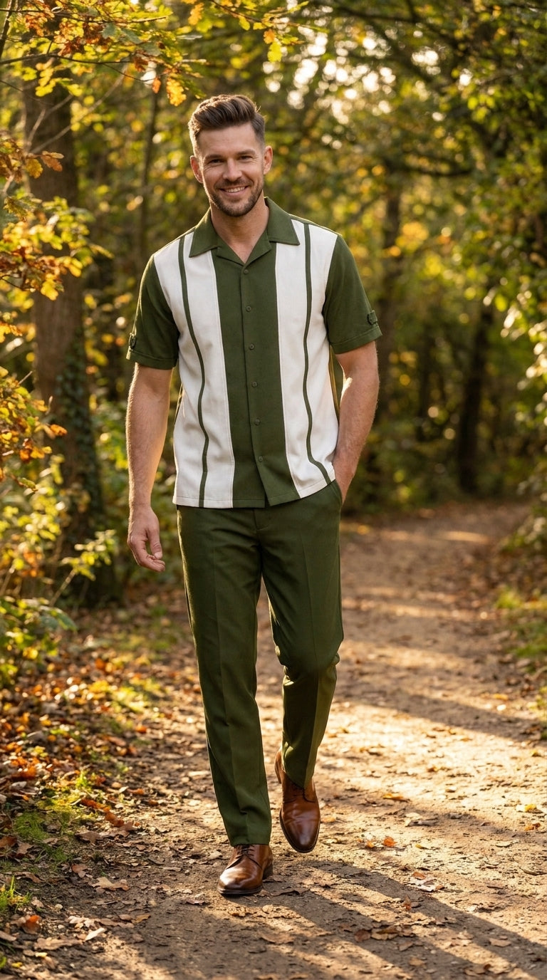 Men’s Olive Green and White Walking Suit – 2-Piece Short Sleeve Casual Leisure Outfit - Small