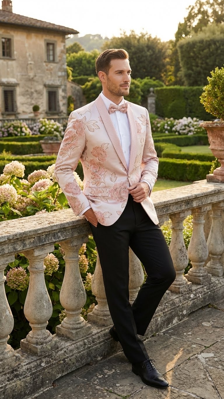 Men’s Pink Blush Floral Jacquard Blazer with Embellished Shawl Lapel – Luxury Party and Wedding Wear Jacket - 36 Short