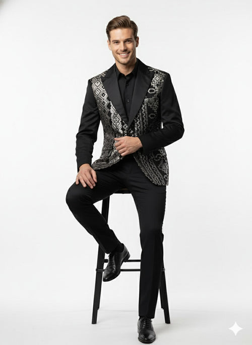 Mens Black and White and Silver Sequin Embroidered Blazer Luxury Designer Party Wear with Geometric Detailing