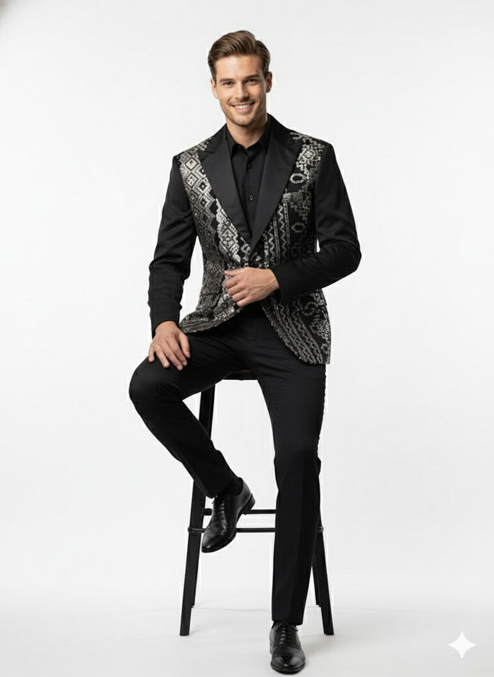 Mens Black and White and Silver Sequin Embroidered Blazer Luxury Designer Party Wear with Geometric Detailing