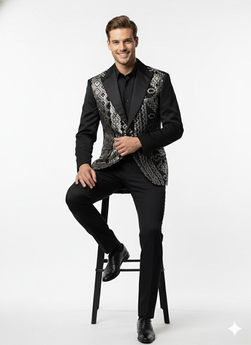 Mens Black and White and Silver Sequin Embroidered Blazer Luxury Designer Party Wear with Geometric Detailing