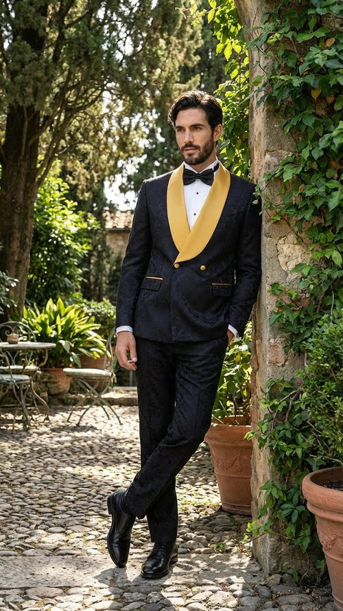 Mens Black and Gold Jacquard Tuxedo Suit Luxury Slim Fit Formal Wedding, Prom, and Gala Outfit