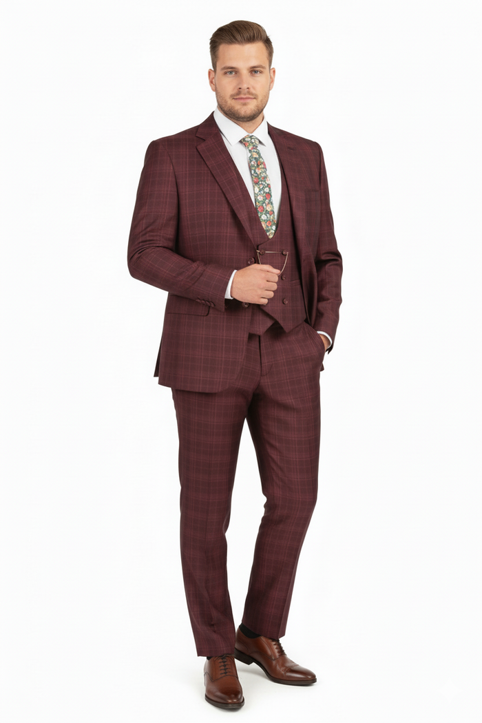 Mens Burgundy Checkered 3-Piece Suit Windowpane Classic Fit Plaid Blazer with Vest and Pants