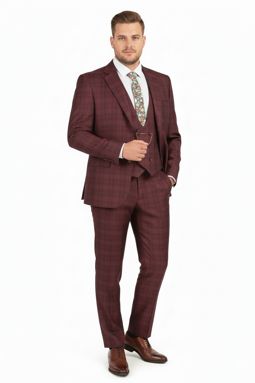 Men’s Burgundy Checkered 3-Piece Suit – Windowpane Classic Fit Plaid Blazer with Vest and Pants - 34 Short or Extra Small