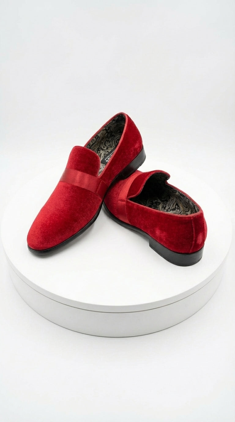 Mens Red Velvet Loafers – Luxury Formal Slip On Dress Shoes Wedding Party Prom Evening Shoes - 6