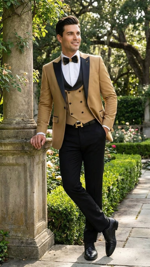 Men's Dark Camel Tan Khaki and Black Great Gatsby Tuxedo Suit Vintage 1920s Formal Wedding, Party and Event Wear