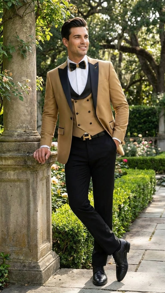 Men's Dark Camel Tan Khaki and Black Great Gatsby Tuxedo Suit Vintage 1920s Formal Wedding, Party and Event Wear