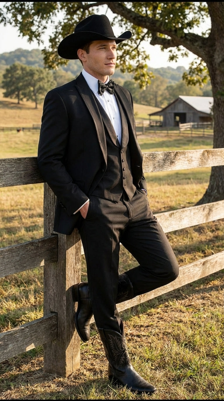 Black Western Tuxedo for Men | Classic Three Piece Formal Wedding Peak Lapel with Trim Collar Cowboy Suit - 34 Short or Extra Small