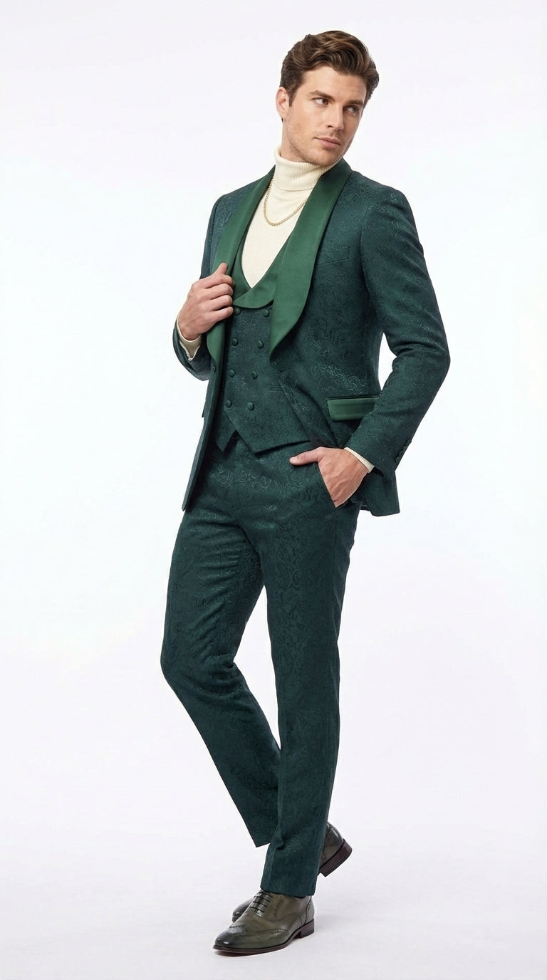 Mens Hunter Green Wedding Tuxedo Suit – Paisley Pattern Three Piece Formal Suit Set with Shawl Lapel for Groom, Prom in Emerald green - 34 Short or Extra Small