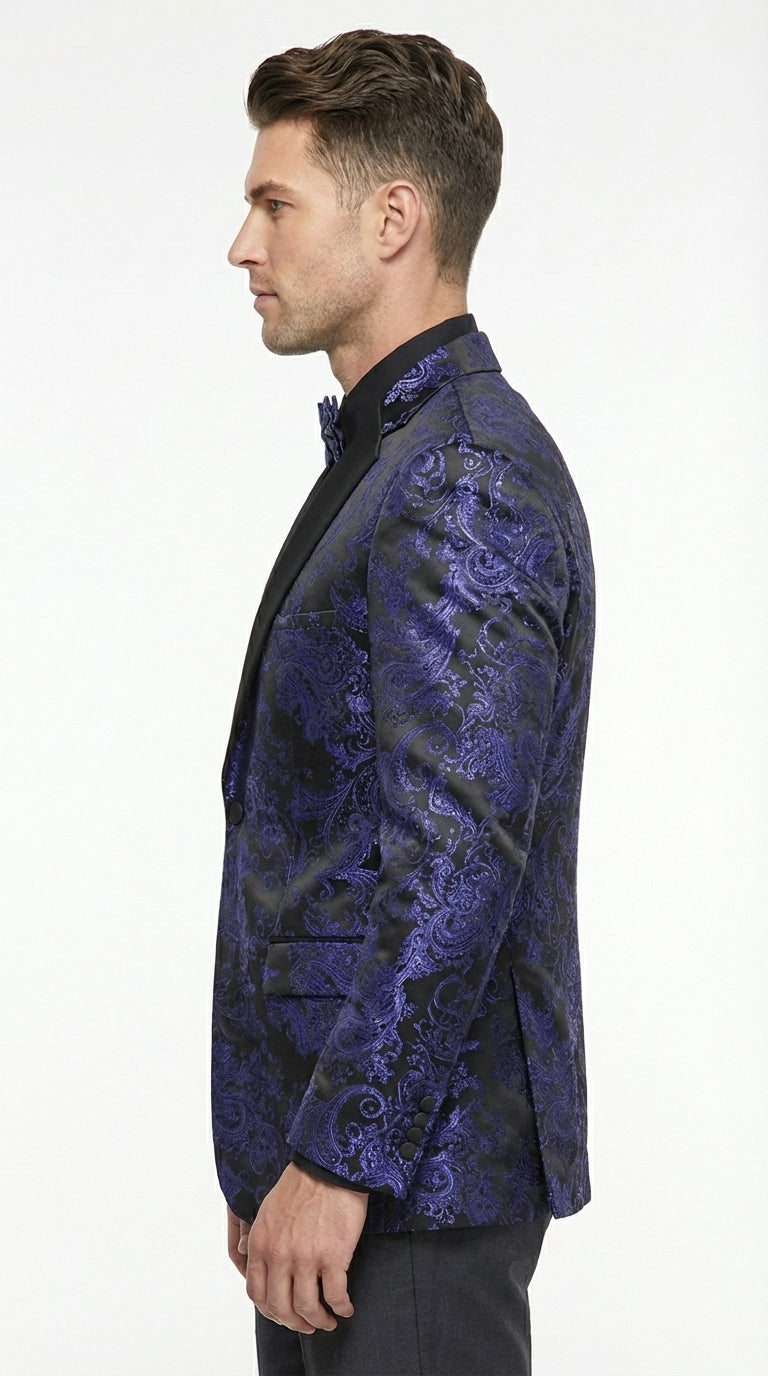 Mens Royal Blue Paisley Jacquard Blazer – Luxury Pattern Tuxedo Dinner Jacket with Black Satin Lapel for Wedding, Prom With Bowtie - 36 Short