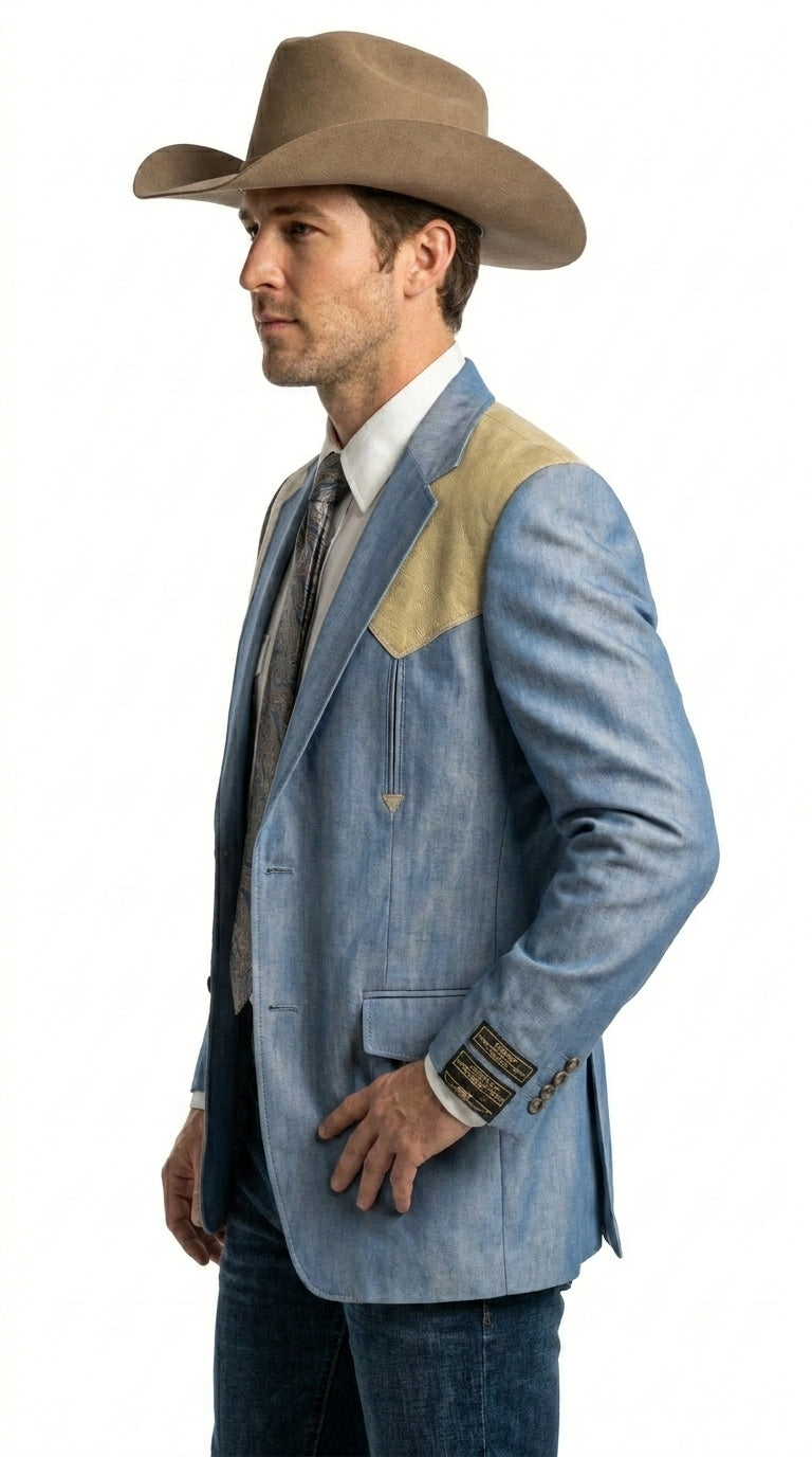 Men’s Steel - Light Blue and Bone Color Western Cowboy Blazer – Shiny Country Style Dress Jacket for Rodeo Saco De Hombre Vaquero - 36 Short