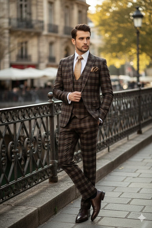 Mens Brown Plaid Windowpane Three-Piece Suit Set Classic Slim Fit Jacket, Double-Breasted Vest and Modern Fit Pants  By Rossiman