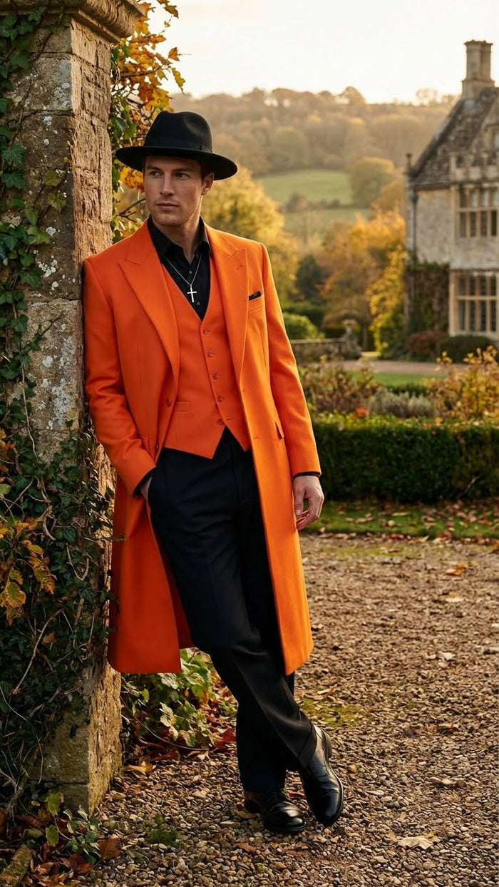 Mens halloween Costume Orange Long Zoot Suit Set With Black Shirt and Black Pants included