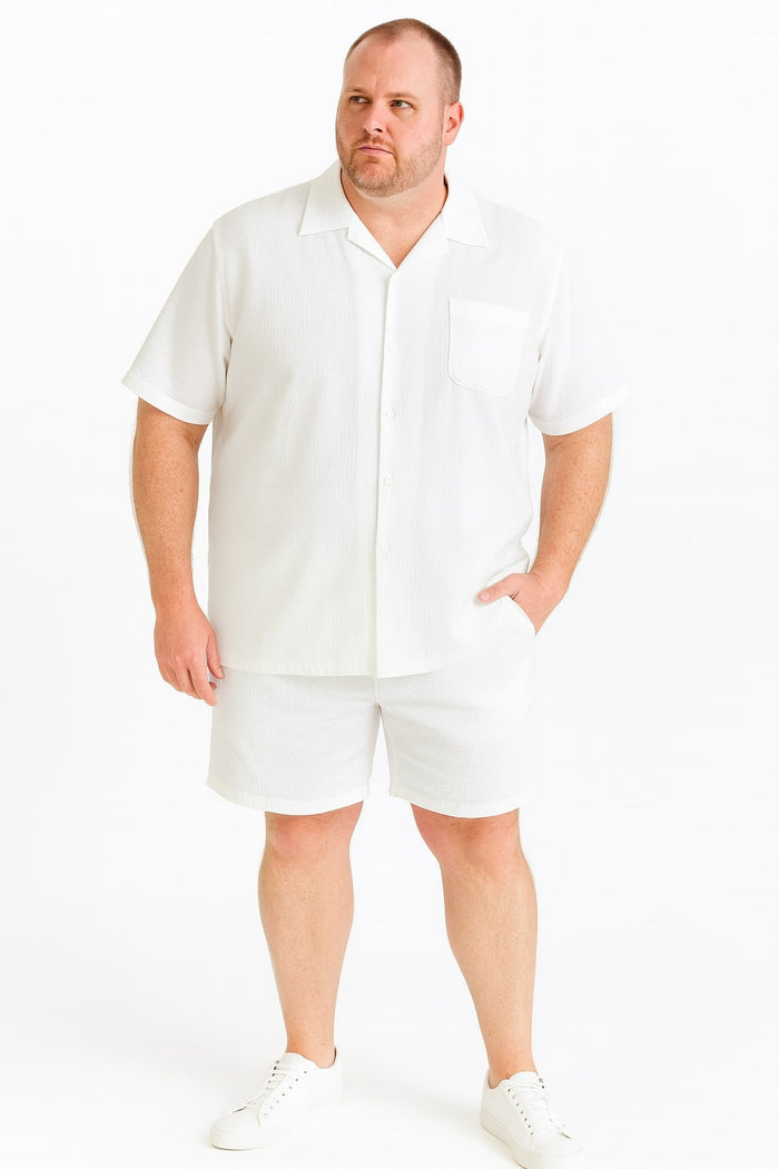 Mens White Seersucker Short Set Lightweight Summer Outfit with Shirt and Shorts