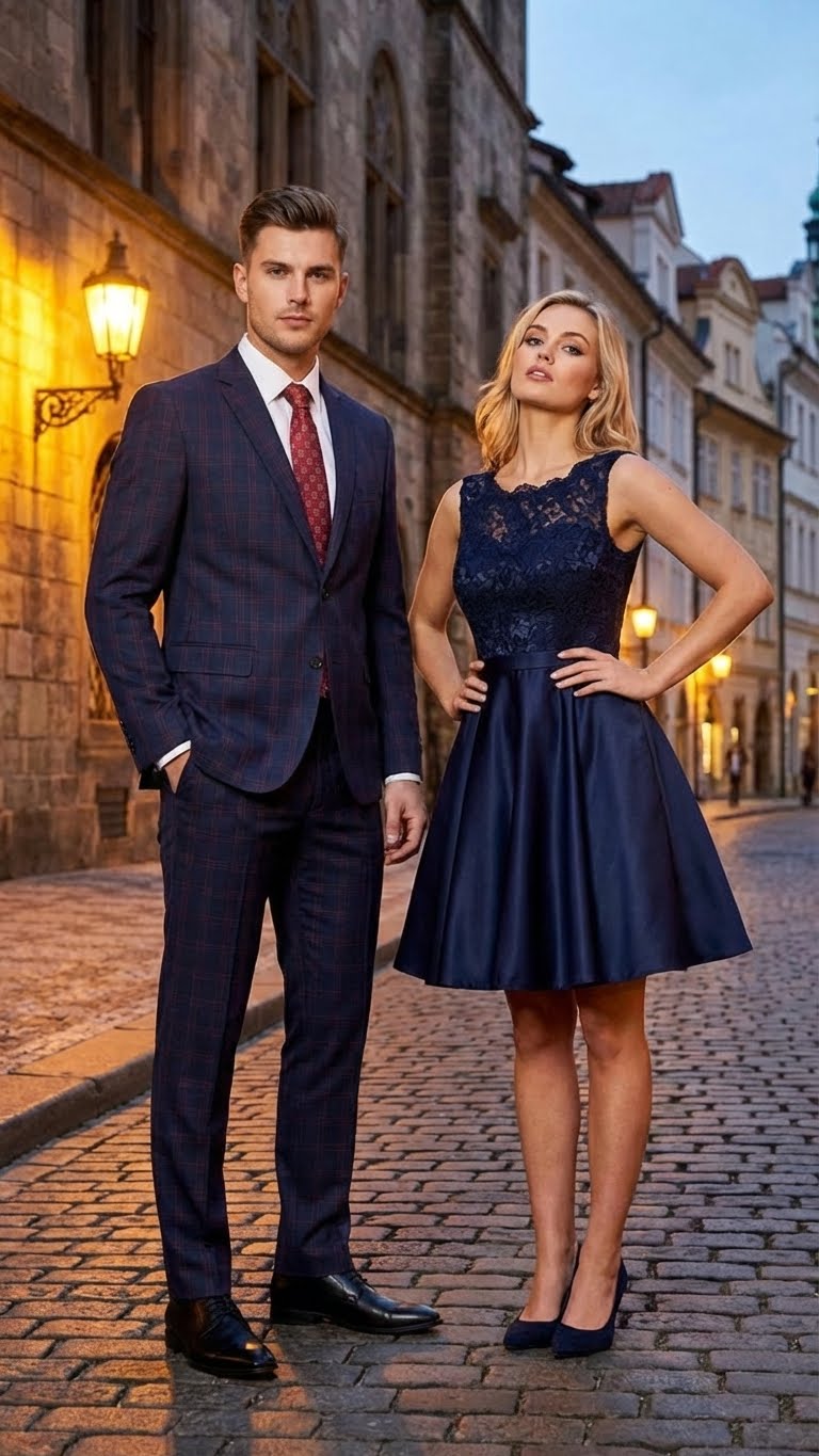 Mens Navy Blue and Burgundy Checkered Two-Piece Suit Plaid Windowpane Flat Front Pants or Pleated Wide Leg Pants - 100% Wool - Navy Blue and Burgundy
