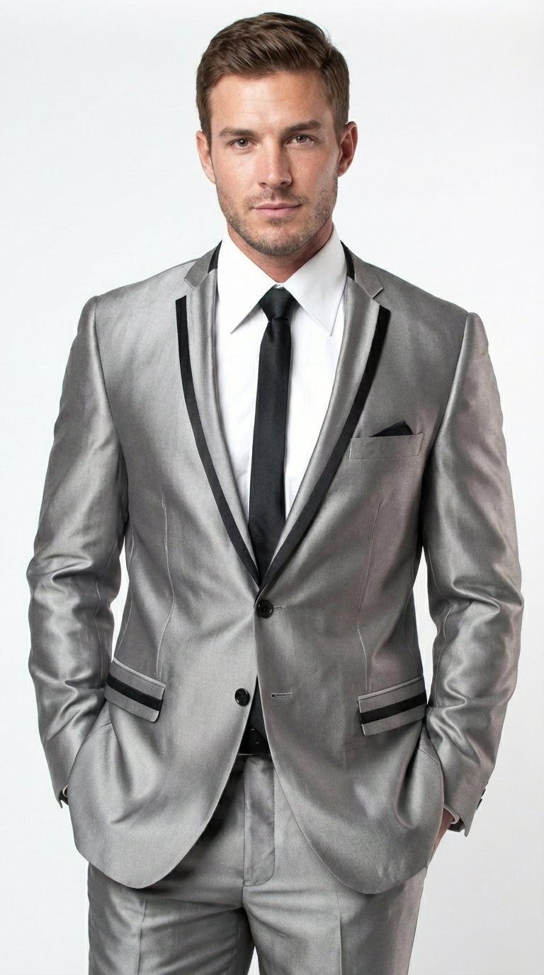 Men’s Silver Sharkskin Tuxedo Suit with Black Piping – Shiny Two Button Formal Suit for Wedding, Prom and Party Wear - 34 Short or Extra Small