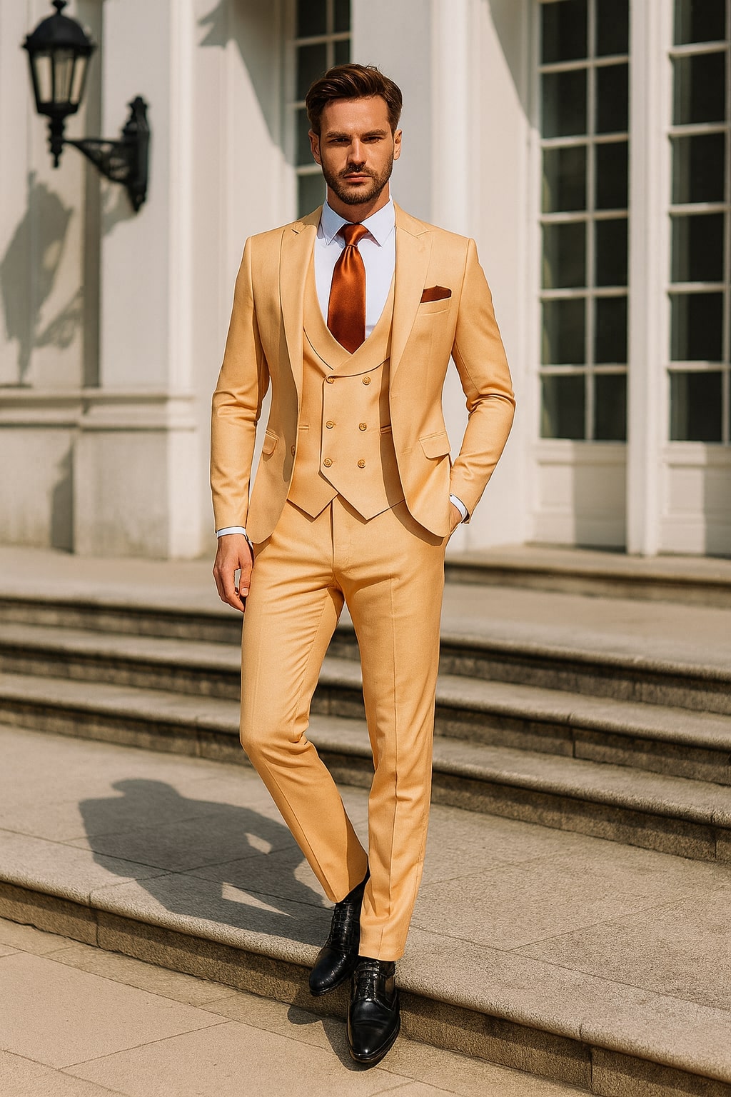 Mens Peach 3-Piece Suit â€“ Double-Breasted Vest, Notch Lapel Blazer, Slim Fit Dress Pants - 34 Short or Extra Small