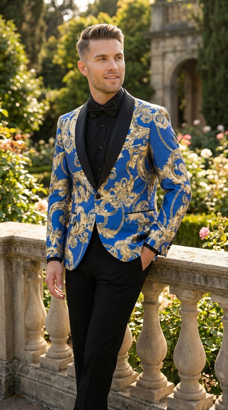 Men’s Royal Blue and Gold Blazer Jacket – Luxury Floral Pattern Tuxedo Blazer, Formal Party Wedding Dinner Jacket, Stylish Evening Wear - 36 Short