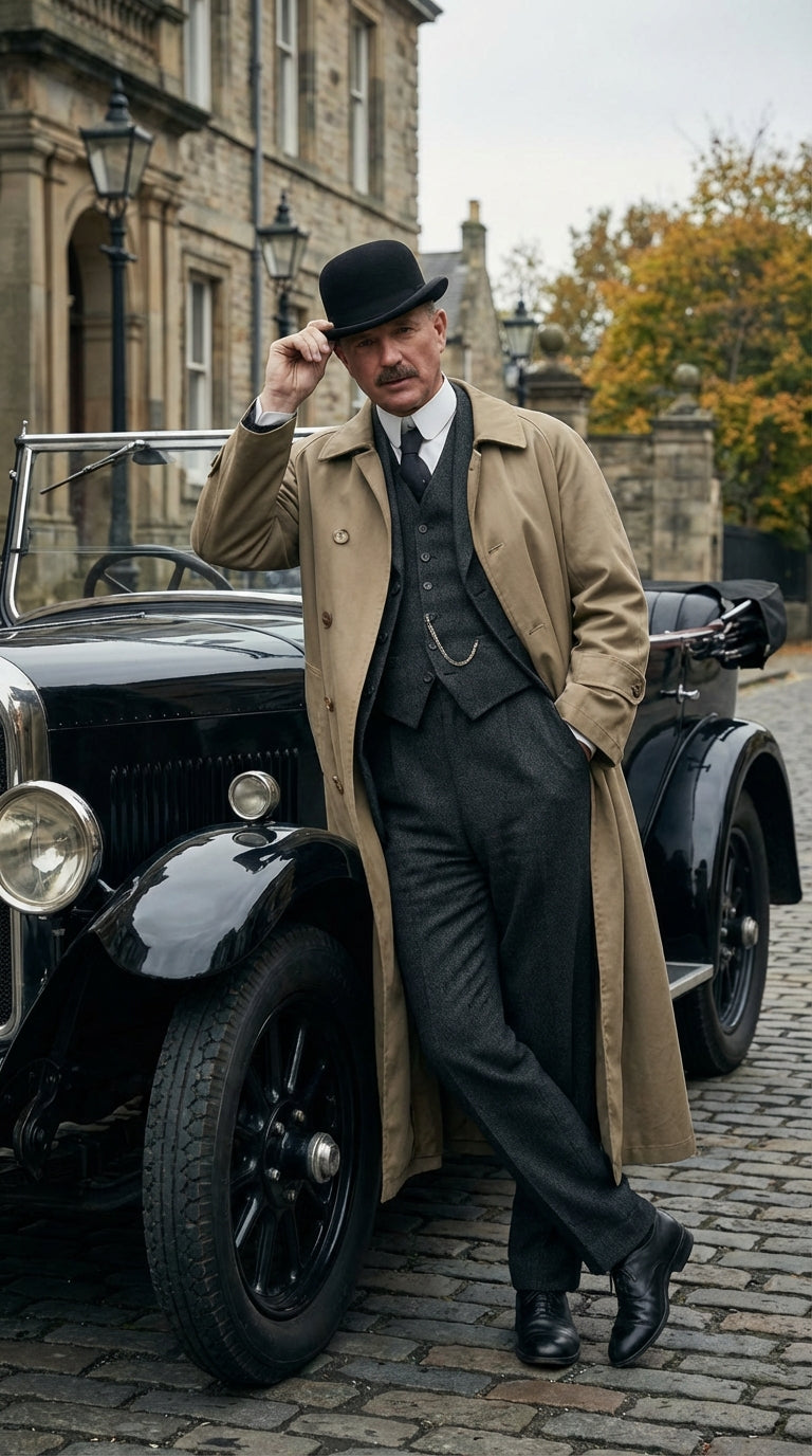 Men’s Beige Cotton Trench Coat Suit Package – Classic Long Overcoat for Formal + Suit + Hat - Coat Size 38