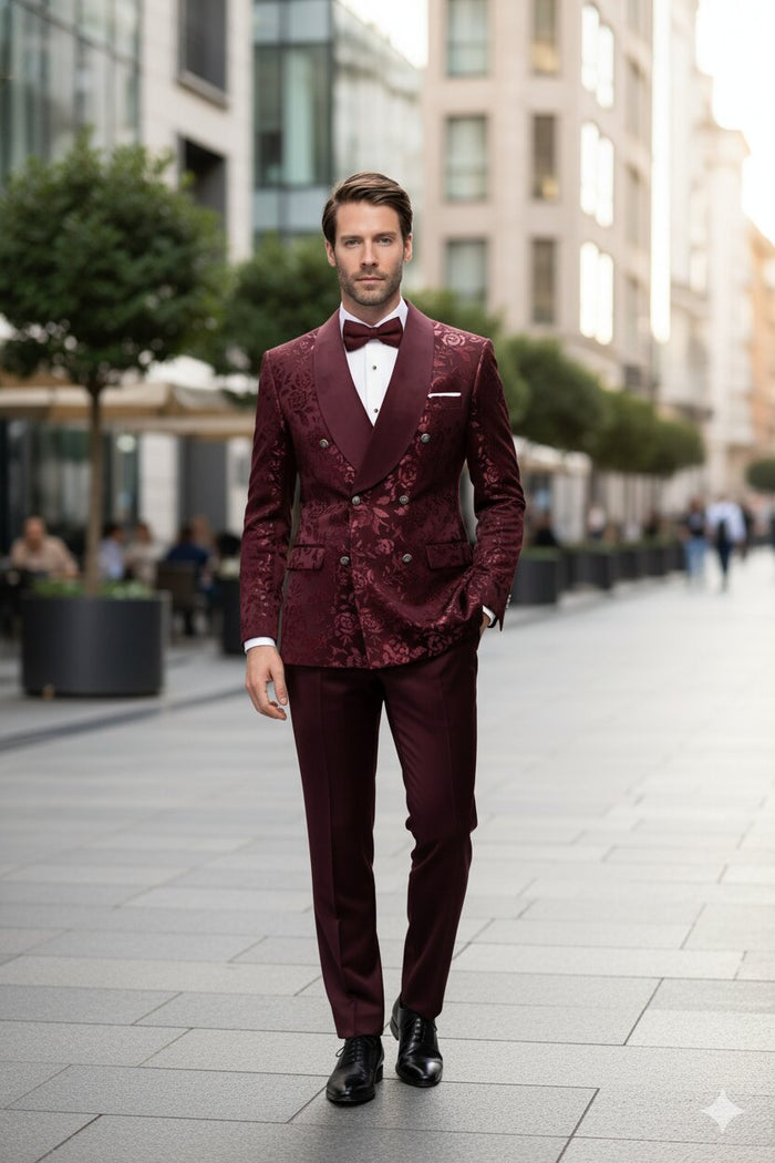 Mens Burgundy Floral Jacquard Tuxedo Dinner Jacket Paisley Velvet Lapel Formal Wear for Weddings and Prom
