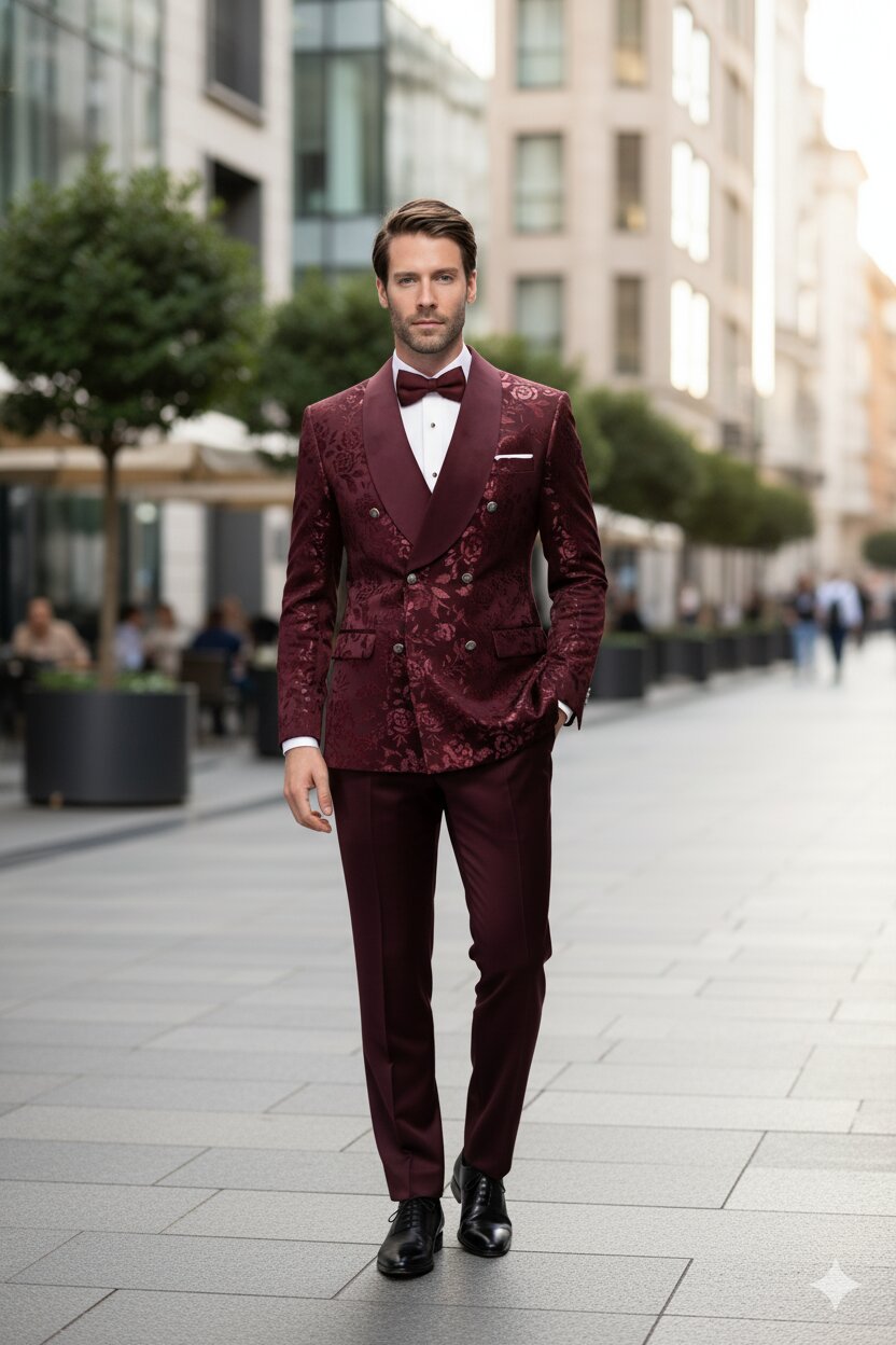 Mens Burgundy Floral Jacquard Tuxedo Dinner Jacket Paisley Velvet Lapel Formal Wear for Weddings and Prom