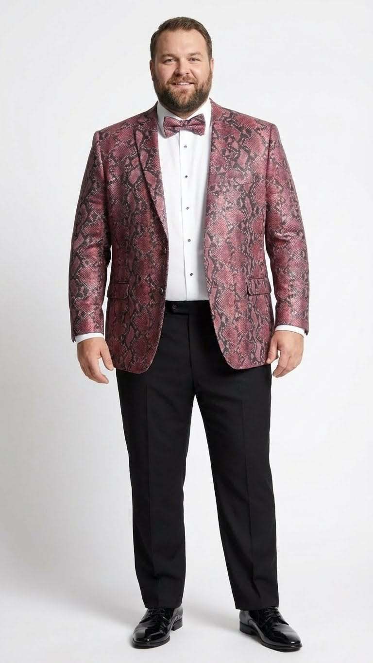 Men’s Burgundy and Black Snakeskin Print Blazer – Alligator Crocodile Sport Jacket Exotic Skin - 36 Short