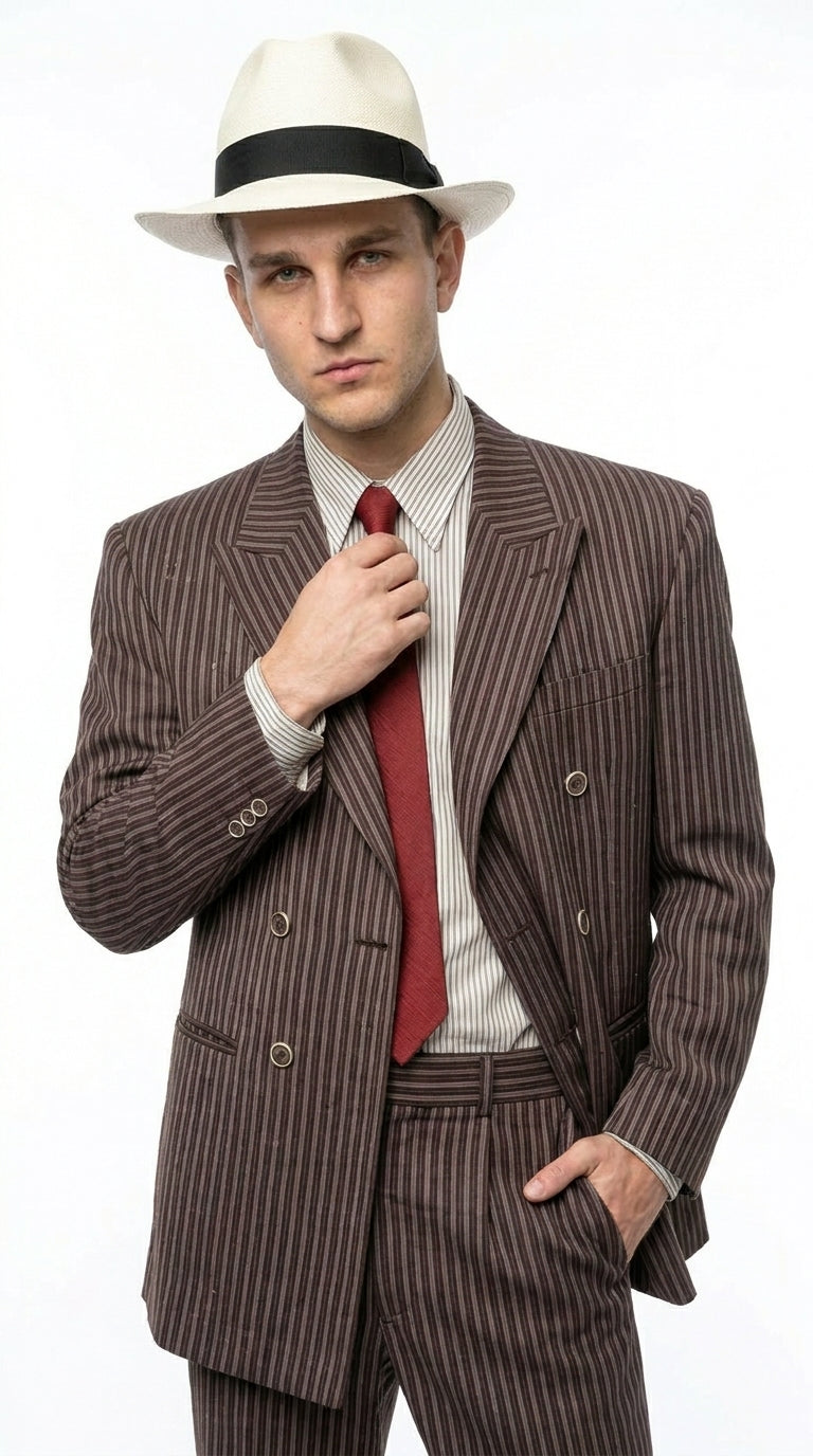 Men’s Brown Pinstripe Bonnie and Clyde Costume Suit – Vintage Gangster 1920s Outfit for Party, Halloween and Themed Events - 34 Short or Extra Small