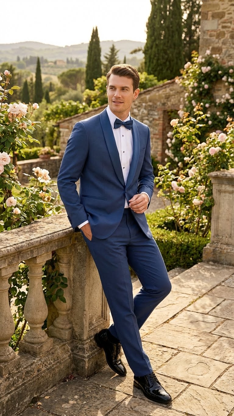 Men’s Indigo Sapphire Royal Blue Tuxedo Suit Set, Classic Formal Wedding Prom Dinner Jacket Tux Light Blue Cobalt Color - 34 Short or Extra Small