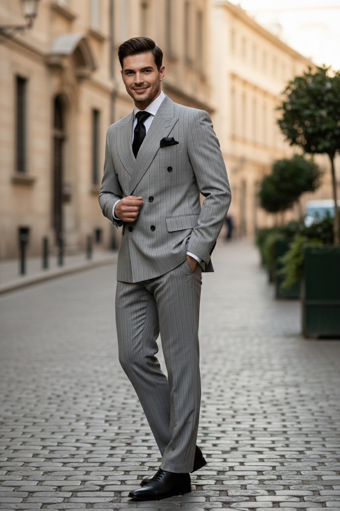 Mens Grey and Black Pinstripe Double-Breasted Suit 1920s Gangster Vintage Looking suit By Rossiman
