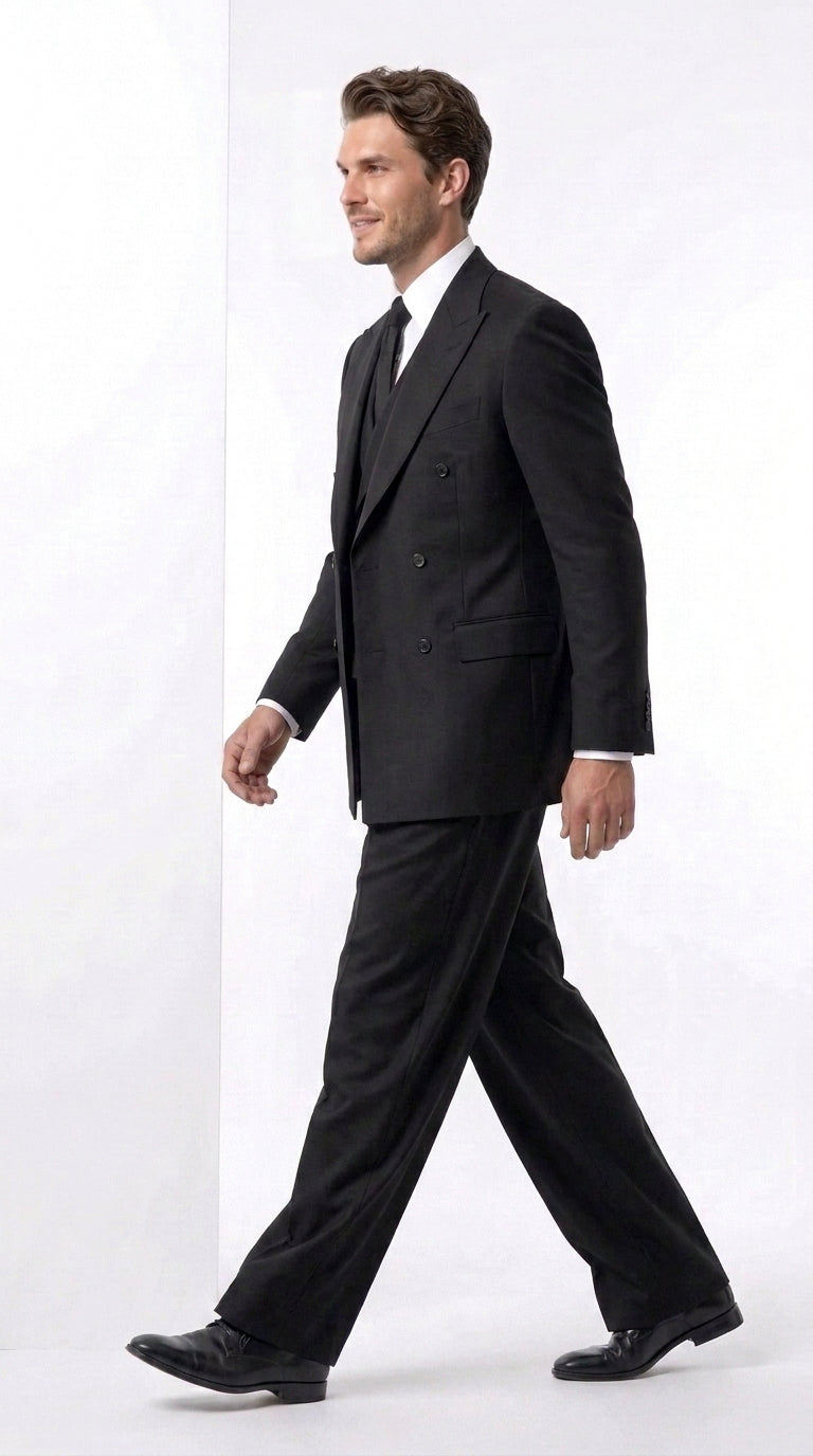 Tiglio Rosso Men’s Black Super 150’s Italian Wool 3-Piece Suit – Double-Breasted Jacket, Vest and Wide-Leg Pleated Pants - 34 Short or Extra Small