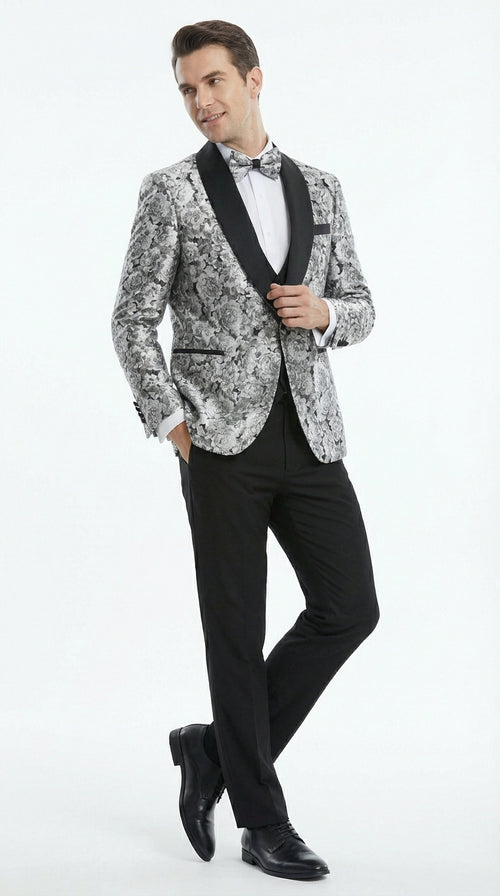 Mens Black and Silver Floral Tuxedo – Luxury Patterned Wedding, Prom and Formal Dinner Tuxedo