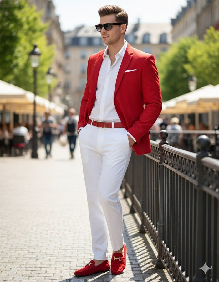 Mens Red Blazer and White Pants Set Stylish Casual Dress Outfit For New Year Holiday and Christmas Suit