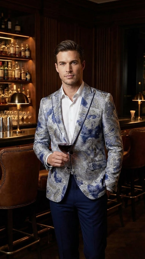 Mens Navy Blue and Gray Paisley Print Blazer Prom Jacket for Formal, Party, and Evening Wear