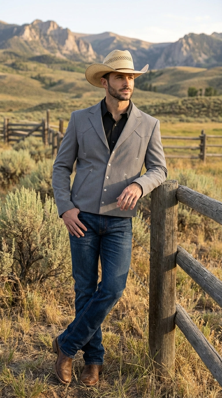Mens Gray Western Blazer Set – Cowboy Style Jacket and Pants Outfit Classic Country Western Suit - 36 Short