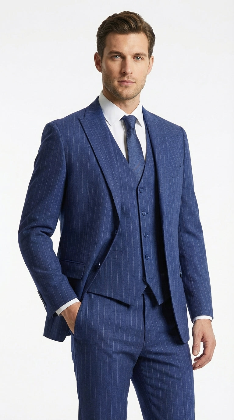 Men’s Cobalt Blue 3 Piece Suit – Indigo Light Blue Pinstripe Formal Suit with Vest for Wedding, Business Modern Fit Two buttons - 34 Short or Extra Small
