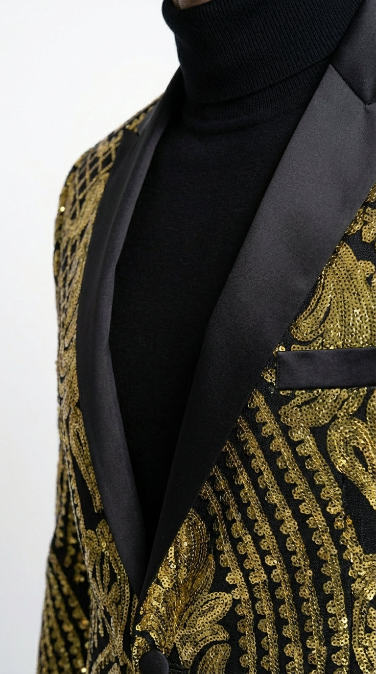 Mens Black and Gold Pattern Blazer – Gold Floral Luxury Formal Blazer Jacket for Prom, Wedding and Party Slim Fitted - S
