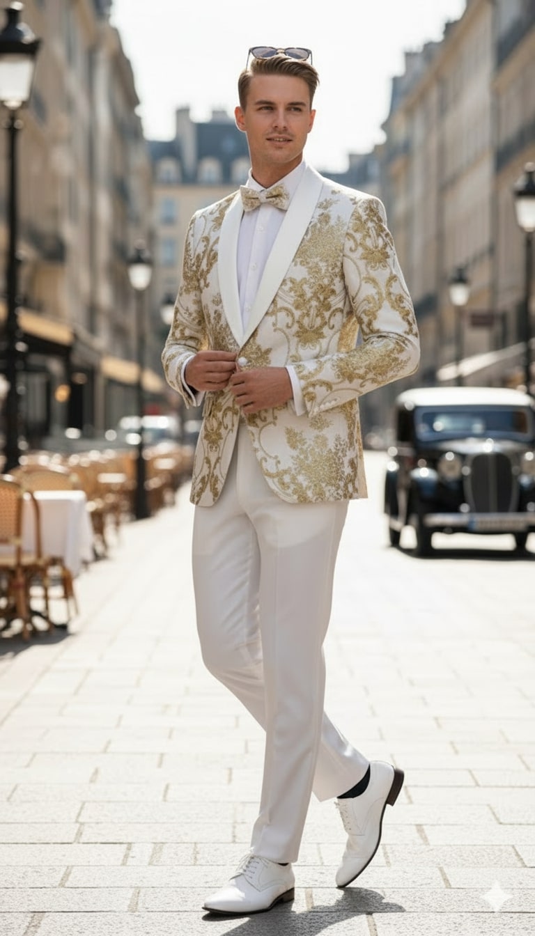 Mens White and Gold Floral Tuxedo Jacket with Satin Lapel – Luxury Prom, Wedding, and Formal Dinner Blazer - 34 Short or Extra Small