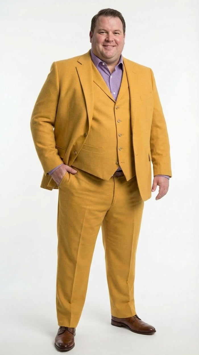 Mens Mustard Yellow Three Piece Suit | 2 Button Notch Lapel Modern Fit in Gold Color - Church Suit