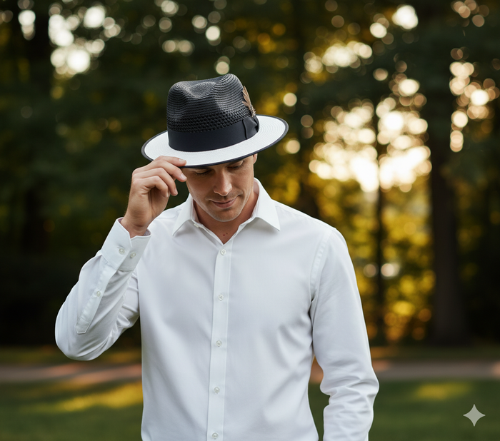 Mens Two-Tone Black and White Fedora Hat with Feather Accent Stylish Summer Dress Hat