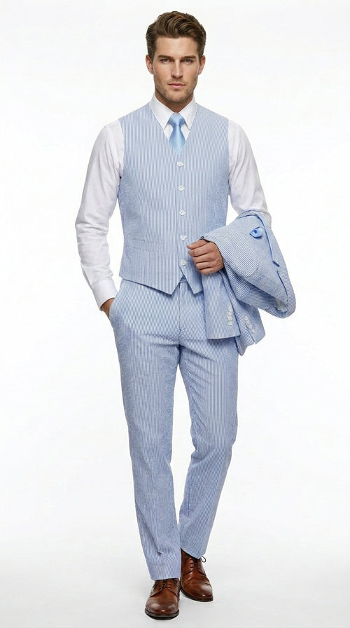 Cheap priced Suit - Mens 2 Button Jacket + Pants Summer Seersucker Blue Suit