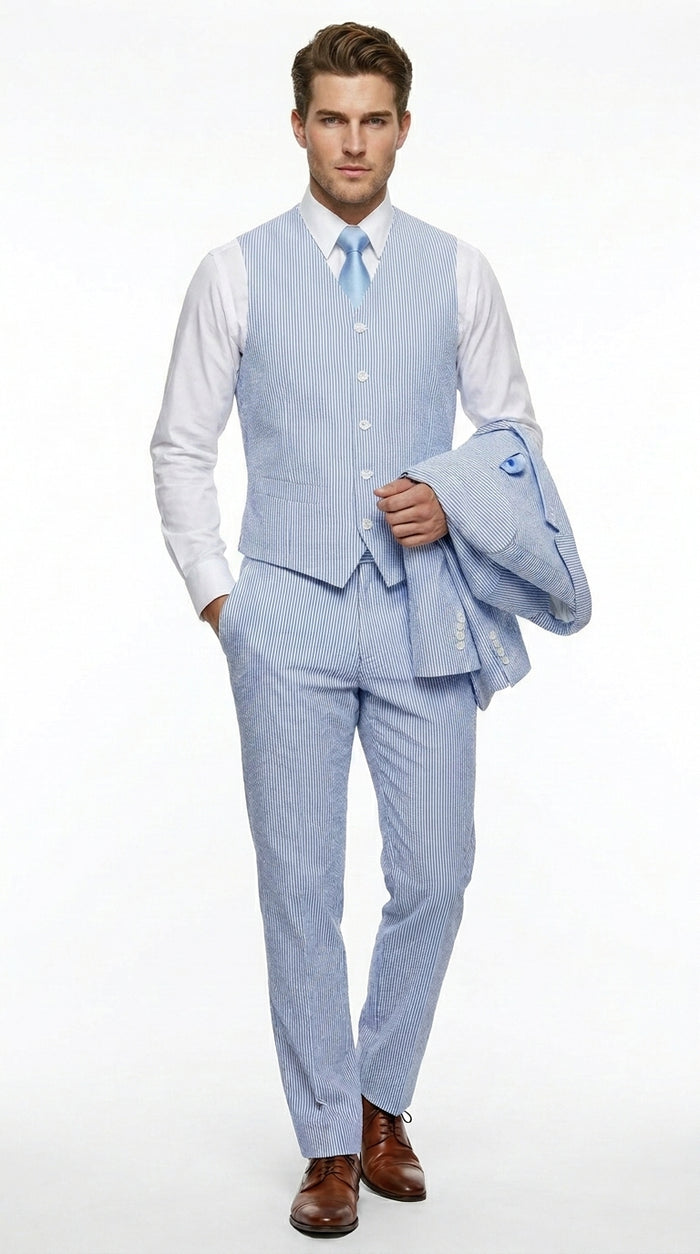 Cheap priced Suit - Mens 2 Button Jacket + Pants Summer Seersucker Blue Suit