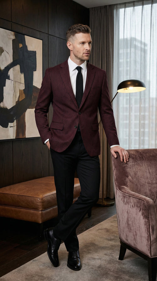 Mens Burgundy Pinstripe Blazer Classic Tailored Formal Jacket for Business, Office and Evening Wear